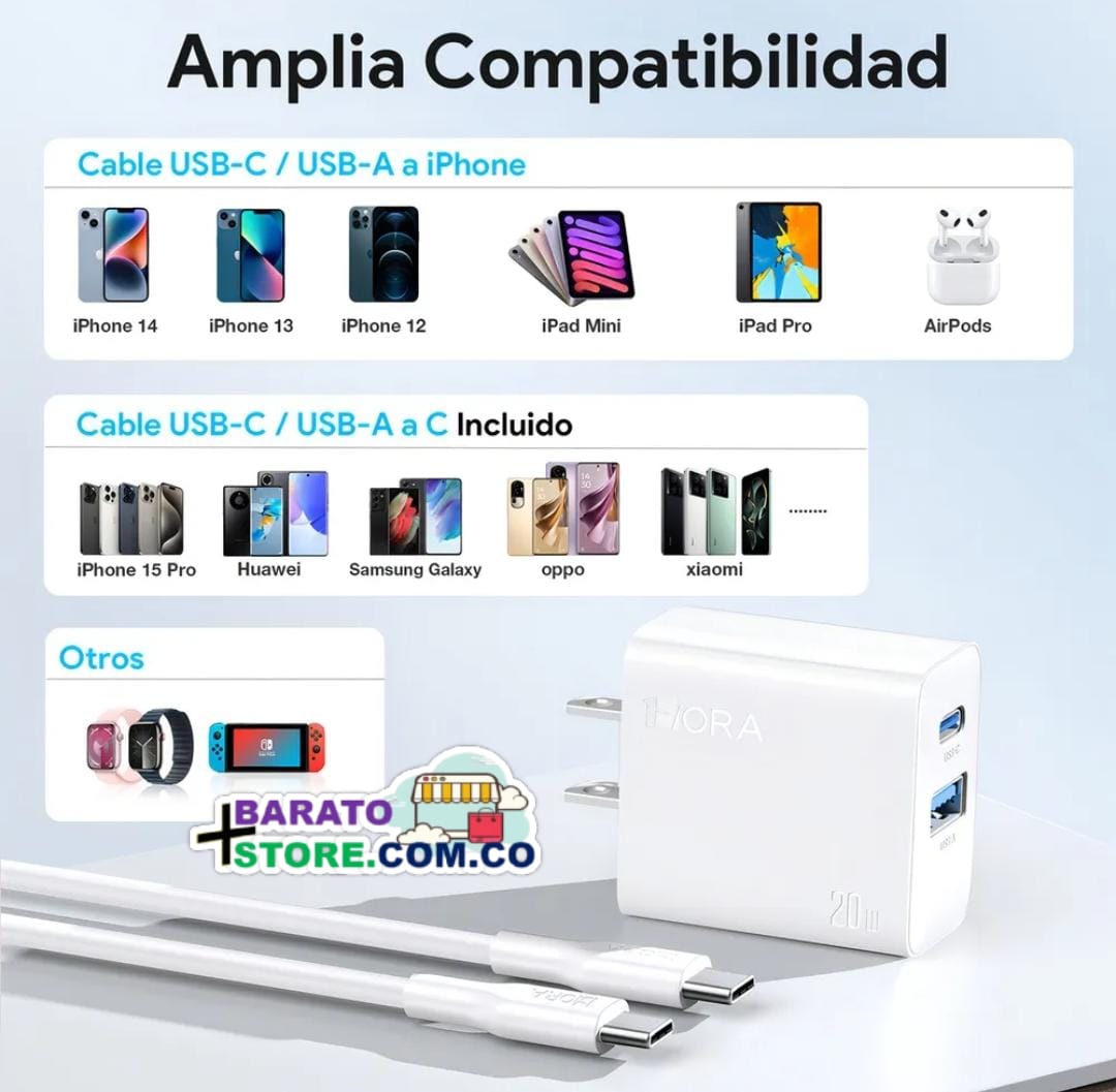 Cargador 2 en 1 con tecnología GaN-20W de 2 puertos USB-A & USB-C Marca 1Hora Original.