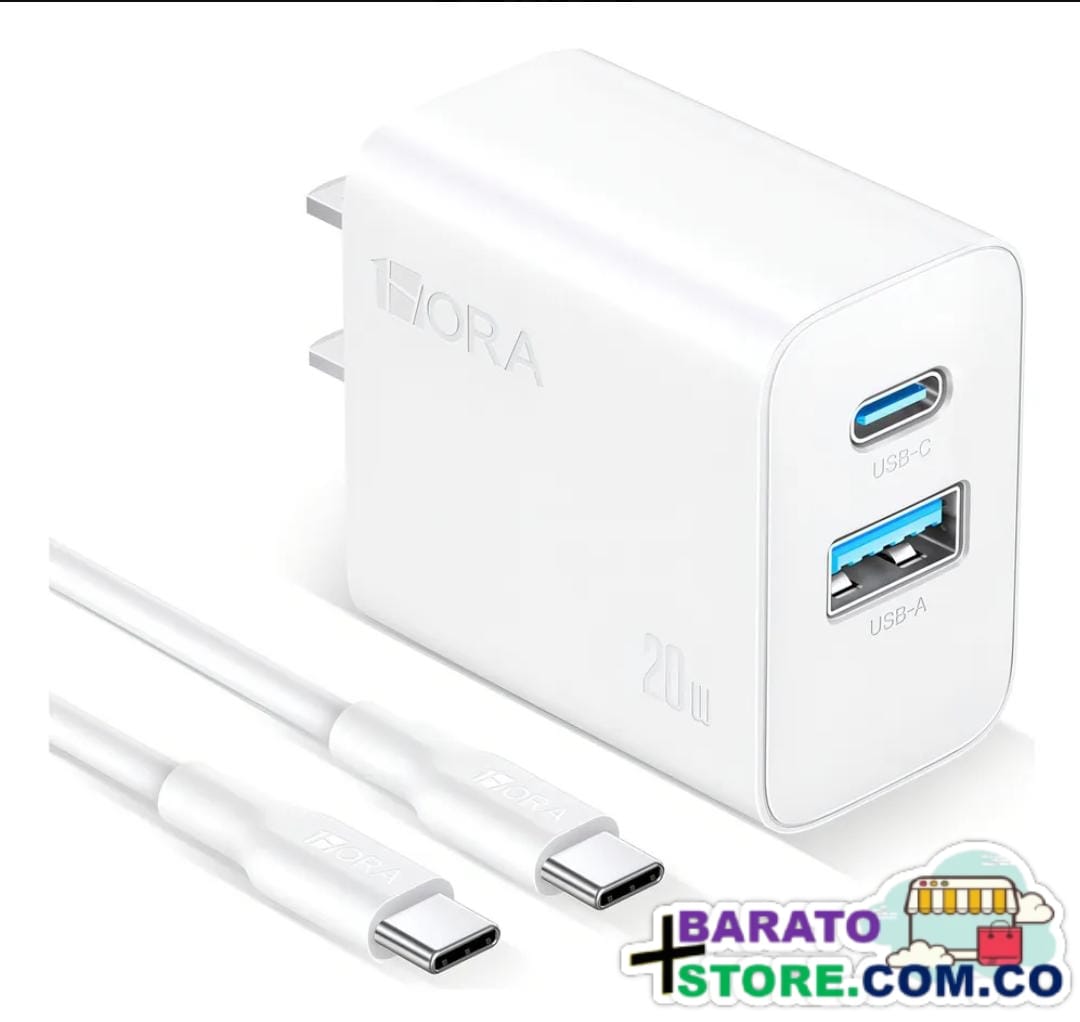 Cargador 2 en 1 con tecnología GaN-20W de 2 puertos USB-A & USB-C Marca 1Hora Original.