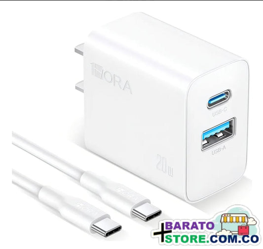 Cargador 2 en 1 con tecnología GaN-20W de 2 puertos USB-A & USB-C Marca 1Hora Original.