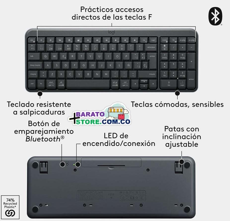 Teclado Inalámbrico Bluetooth, Marca Logitech K250 con Diseño Compacto.