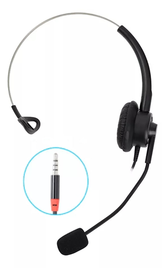 DIADEMA MONOAURAL AURICULAR CALLCENTER 3.5MM MICROFONO FLEXIBLE CONTROL DE VOLUMEN.