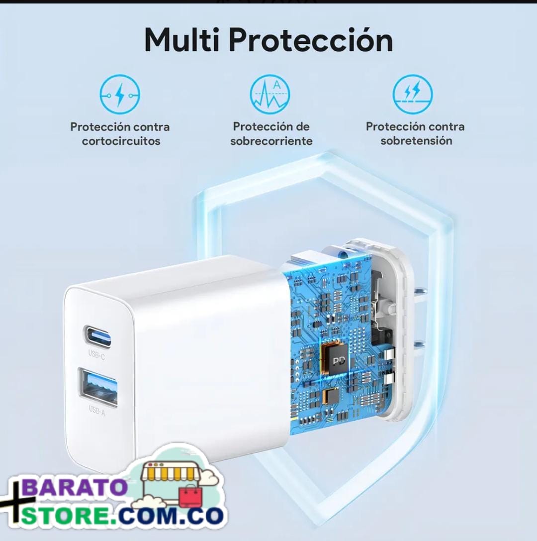 Cargador 2 en 1 con tecnología GaN-20W de 2 puertos USB-A & USB-C Marca 1Hora Original.