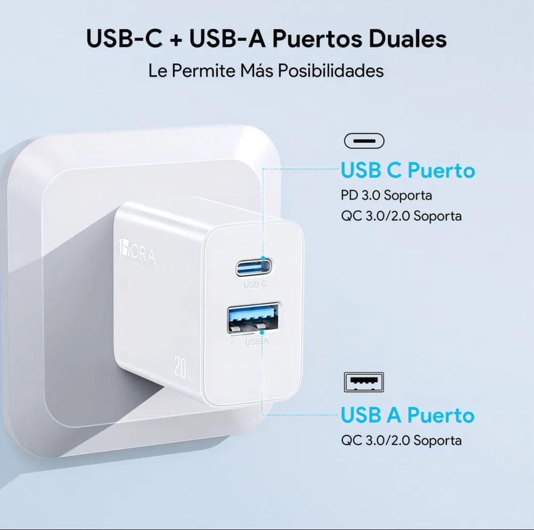 Cargador 2 en 1 con tecnología GaN-20W de 2 puertos USB-A & USB-C Marca 1Hora Original.