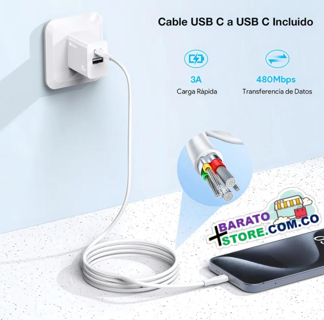 Cargador 2 en 1 con tecnología GaN-20W de 2 puertos USB-A & USB-C Marca 1Hora Original.
