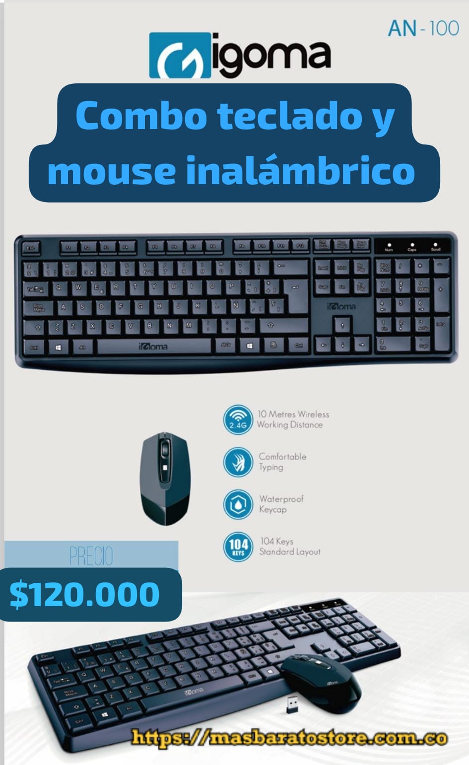 Teclado y Mouse Inalámbrico AN-100 Marca iGoma Original.