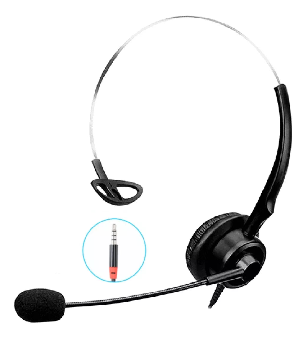 DIADEMA MONOAURAL AURICULAR CALLCENTER 3.5MM MICROFONO FLEXIBLE CONTROL DE VOLUMEN.