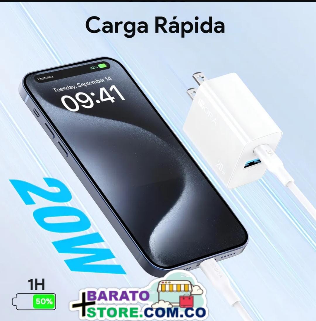 Cargador 2 en 1 con tecnología GaN-20W de 2 puertos USB-A & USB-C Marca 1Hora Original.
