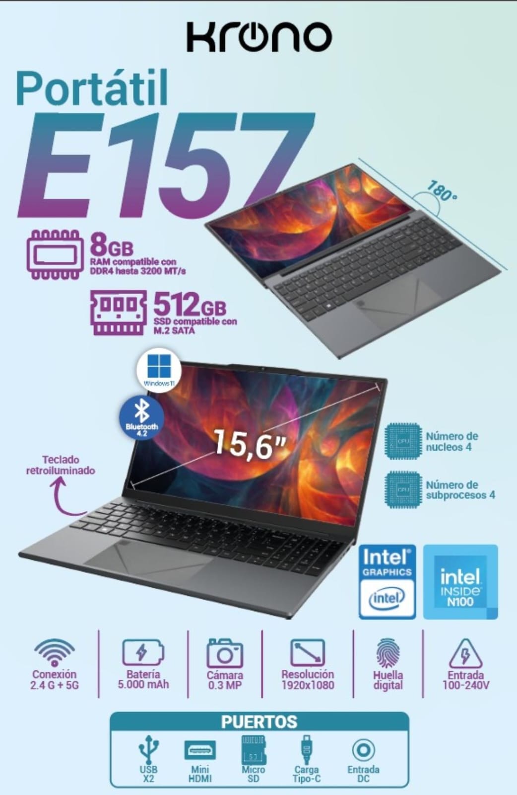 Computador Portátil Krono E157 / 15.6" / RAM 8GB / SSD512GB / WINDOWS 11.
